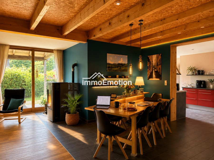 Essbereich vor der Küche - Nichts von der Stange: Nachhaltiges 8-Zimmer-Holzhaus mit PV-Anlage, Pelletheizung und Ferienwohnung